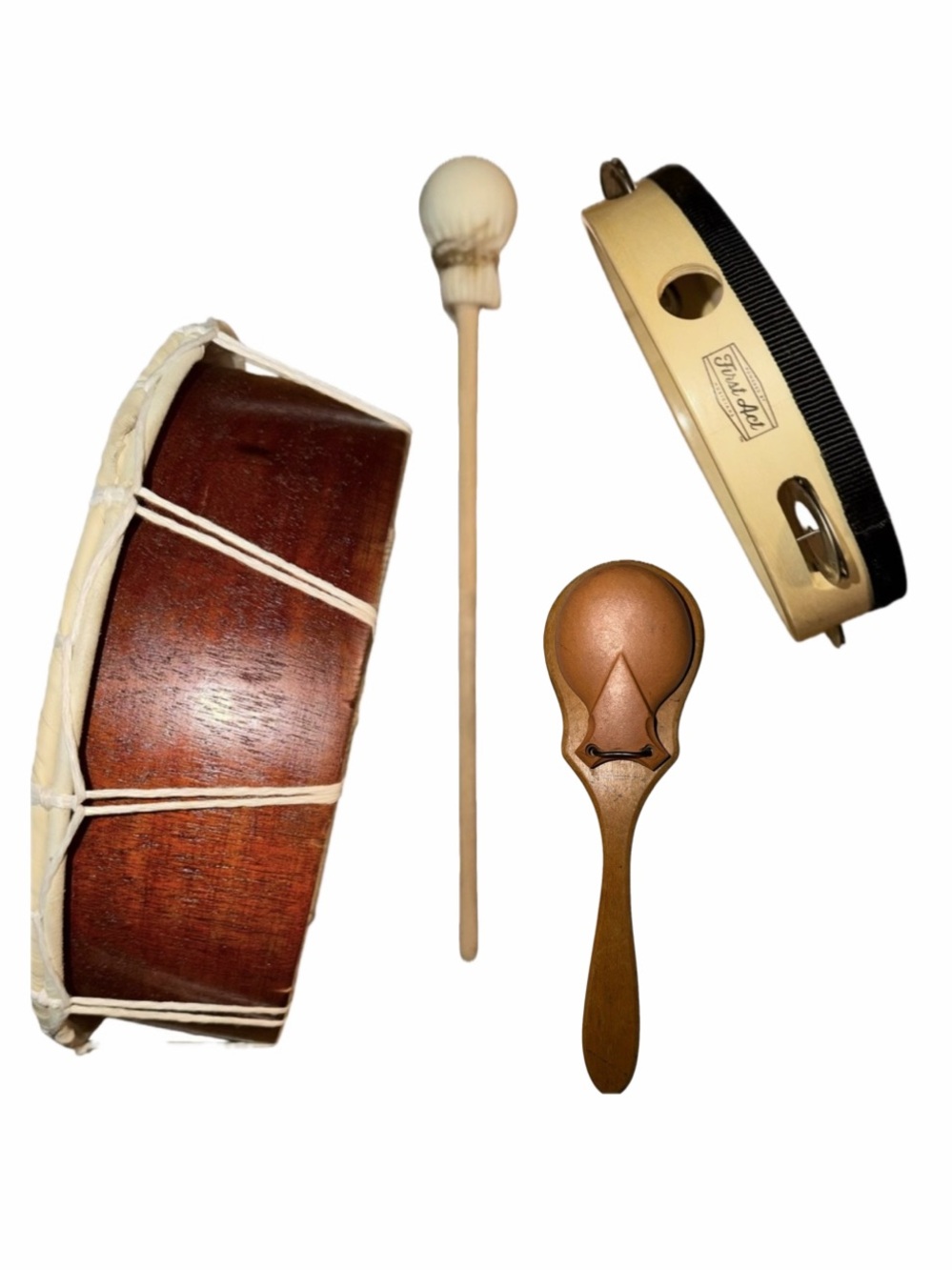 4 items: Wooden Frame Hand Drum+Tambourine/Drumhead+Rawhide StickRattle+Castanet